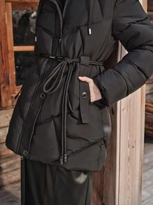 Anewsta Winter Black Hooded Detachable Fur Collar Decorated Belt Long Sleeve Padded Coat - Black - View 3