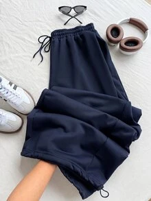 SHEIN EZwear 海軍藍大尺碼春夏百搭抽繩運動長褲 - 藏蓝色 - 查看 5