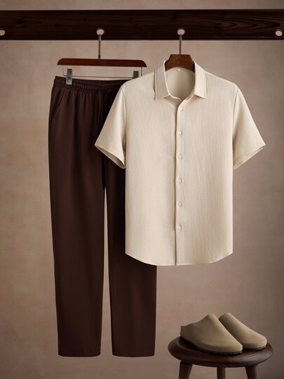 Core Aspect Men's Textured Button Short Sleeve Shirt And Pocket Long Pants Set