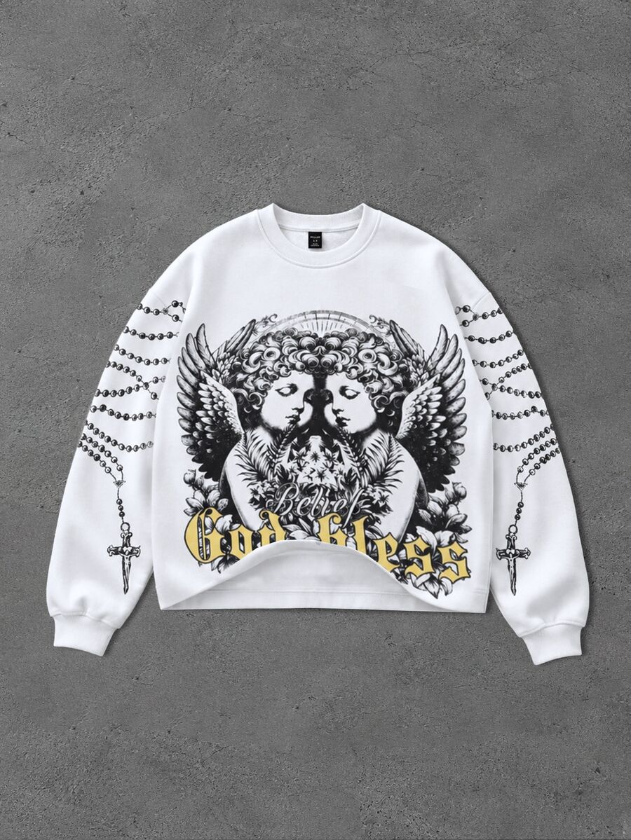 ROMWE MEN Men's Crew Neck Angel Print Loose Long Sleeve T-Shirt - White - View 1