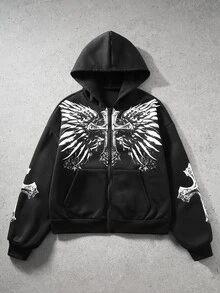 ROMWE MEN Street Life 男士十字印花長袖拉鍊休閒連帽衫 - 黑色 - 查看 8