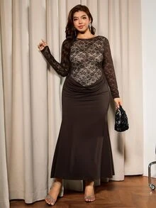 Elaquor Women's Plus Size Lace Trim Mermaid Hem Dress - Coffee Brown - View 6