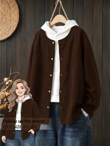 Rusticease 大尺碼女款純色長袖單排扣休閒寬鬆夾克 - 咖啡棕 - 查看 1