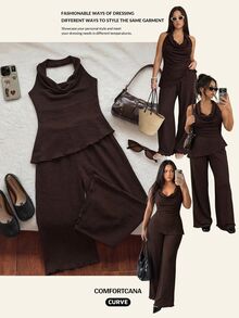 Comfortcana Women's Plus Size Draped Neck Backless Cowl Neck Asymmetrical Hem Waist-Cinching Tank Top And Loose Straight Leg Pants 2 Pieces Set - Brown - View 9
