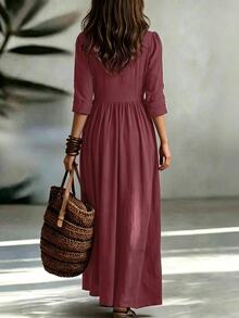 LUMIGAL Fashion Solid Color Elegant Design Front Button Detail Shirt Collar Long Sleeve Dress - Red Violet - View 2