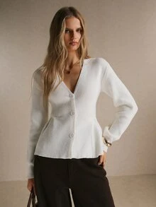 Poéselle Women's Ivory Ribbed-Knit Peplum Cardigan – Slim-Waist Deep V-Neck Button-Front Sweater With Flared Hem And Long Sleeves Chic Fall Winter Sweater - Apricot - View 2