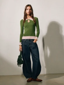 Nöista Women's Contrast Color Lapel Long Sleeve Slim Fit Versatile Sweater - Green - View 8
