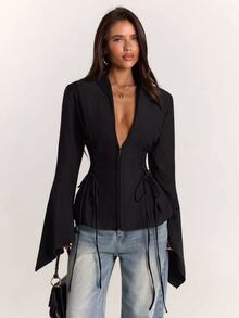 SHEIN BAE Blazer Wanita Lengan Panjang Warna Polos dengan Desain Ikat Pinggang Samping dan Potongan Slim Fit - Hitam - View 5