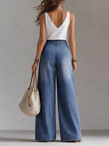 LUMIGAL Women's Cargo Pocket Wide Leg Loose Casual Denim Jeans - Dark Wash - View 2