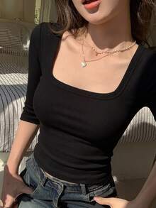 DAZY Women's Square Neck Short Sleeve Base Layer T-Shirt - Black - View 8
