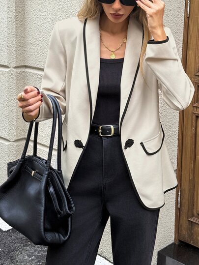 SHEIN LUNE Casual Commute Women's Blazer Jacket Contrast Color Patchwork Frog Button Long Sleeve Autumn Winter Daily Basic Fashion Outerwear Outfit