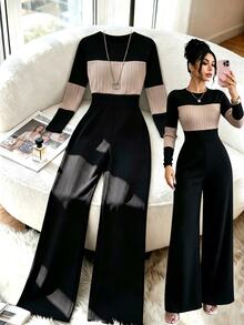 GlowEve Jumpsuit nữ ống rộng tay dài cổ tròn phối màu phong cách thường ngày cho mùa thu - Nhiều màu - Xem 1
