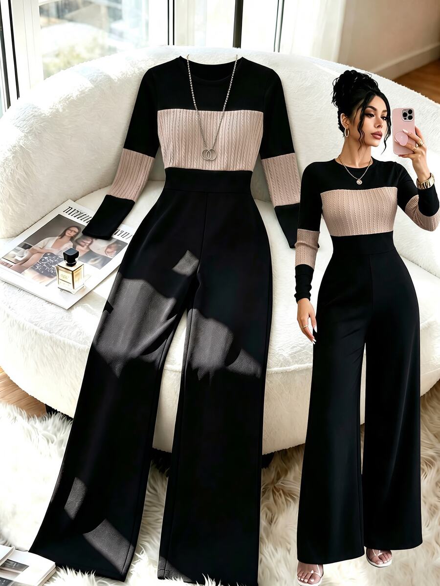 GlowEve Jumpsuit nữ ống rộng tay dài cổ tròn phối màu phong cách thường ngày cho mùa thu - Nhiều màu - Xem 1