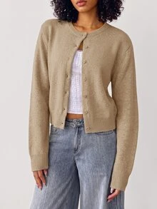 SHEIN BASICS 女款時尚羅紋鈕扣長袖針織開襟衫 - 卡其色 - 查看 3