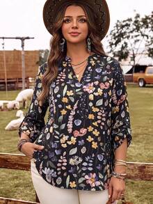 Rosumi 女款大尺碼V領全花卉印花長袖襯衫 - 黑色 - 查看 5
