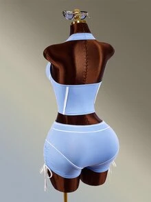 Amplova Setelan Olahraga Wanita: Atasan Tank Top Model V-Neck dan Celana Pendek - Biru - View 9