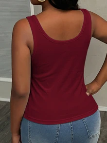 Slaydiva Plus Size Women Solid Color Square Neck Casual Versatile Tank Top - Burgundy - View 2