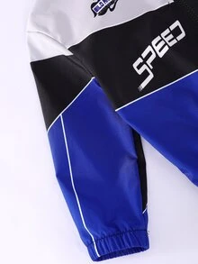 SHEIN Boys 2pcs Set, Autumn New Colorblock Patchwork Hooded Jacket, American Motorcycle Racing Style Versatile Top, Colorblock Cuffed Sweatpants, Long Sleeve Sports Two Pieces Outfit, Suitable For Autumn Outings - Blue - View 5