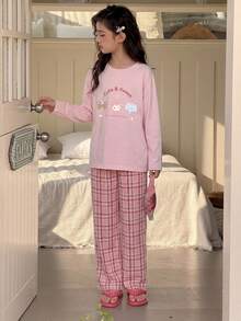 DAZY Tween Girls 2 Pieces Pajama Set, Cartoon Print Top And Plaid Pants, Casual Fashion Creative Personalized Fresh Cute - Baby Pink - View 6