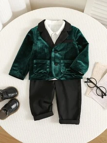 SHEIN 男嬰 2 件套裝，包含翻領長袖鈕扣夾克與鬆緊腰長褲，適合生日派對、洗禮、1 歲生日慶祝、晚會、表演、婚禮、嬰兒派對、聖誕派對及其他場合 - 彩色 - 查看 3