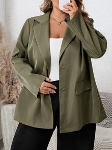 SHEIN CURVE+ 大尺碼女款素色翻領長袖西裝外套 - 軍綠色 - 查看 4