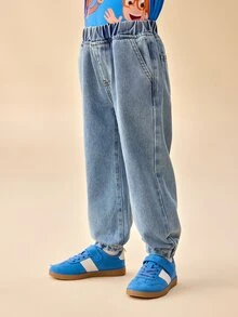 Blippi X SHEIN Young Boy Letter Print Pocket Pleated Leg Elastic Waist Denim Jeans - Medium Wash - View 6