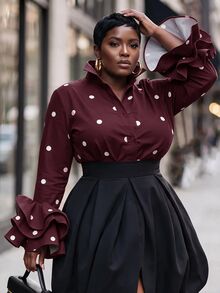 Slaydiva Blus Ukuran Besar Motif Polkadot dengan Kancing Warna Kontras dan Manset Bergelombang Berlapis untuk Musim Gugur - Coklat - View 9