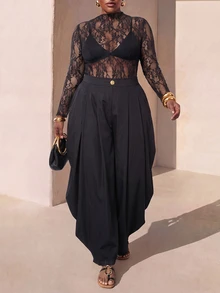 Zivah Plus Size Sexy Lace Sheer Top And Button Pleated Pants 2 Pieces Set - Black - View 3