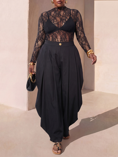Zivah Plus Size Sexy Lace Sheer Top And Button Pleated Pants 2 Pieces Set