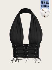SHEIN ICON Going Out Tops Crossed Strap Halter Deep V-Neck Tank Top - Black - View 5