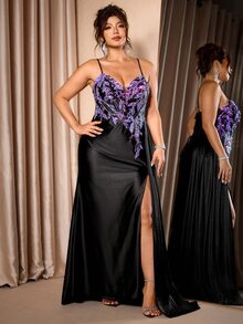 Cravure Plus Size Women Leaf Print Slit Design Sexy Party Spaghetti Strap Dress Christmas - Black - View 8