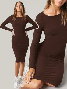 SHEIN BASICS 純色貼身中長洋裝，商務休閒女款／優雅夏季女裝套裝 - 咖啡 - 查看 6