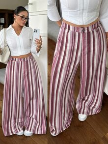 Rivivi Festival Plus Size Women Pink Striped Non-Stretch Slim Straight Leg Jeans - Pink - View 7