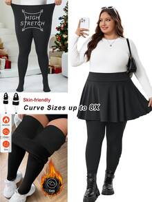SHEIN CURVE+ سروال ضيق مبطن بالصوف الأسود السميك، مناسب للشتاء، مقاس كبير - الأسود - مشاهدة 1