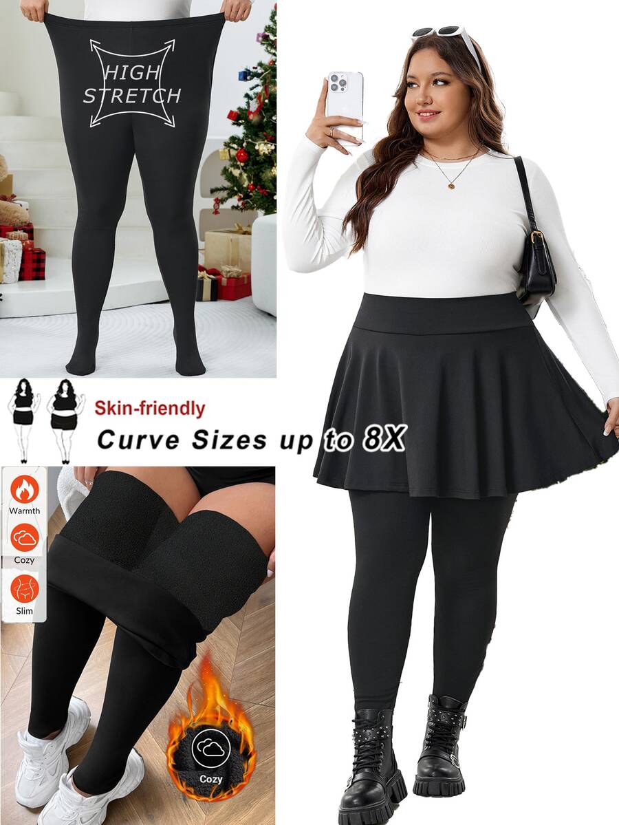 SHEIN CURVE+ سروال ضيق مبطن بالصوف الأسود السميك، مناسب للشتاء، مقاس كبير - الأسود - مشاهدة 1