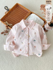 SHEIN 女童春秋款仿刺繡花卉圖案粉色與白色條紋花朵印花長袖襯衫，清新輕盈舒適，適合室內外穿著 - 粉色 - 查看 5