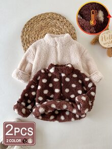 2pcs Baby Girls Pullover Sweaters Cute Sweet Brown Apricot Polka Dot Zip Ribbed Long Sleeve Mock Neck Thick Holiday Party Fall Winter Plush - Multicolor - View 5
