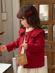 DAZY Young Girl Solid Color Peter Pan Collar Heart Single-Breasted Cute Overcoat - Red - View 1