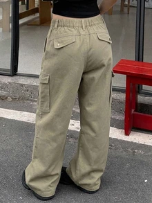 DAZY 青少年女孩工裝口袋寬腿寬鬆休閒牛仔褲 - 軍綠色 - 查看 2