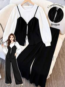 GlowEve CURVE Plus Size Women 2pcs Set Solid Color Contrast Tie Knit Faux Two Pieces Long Sleeve Top And Loose Straight Leg Pants, Suitable For Autumn Daily Casual Commute Wear - Black and White - View 8