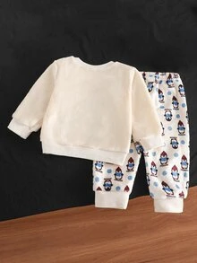 Set 2 potong celana panjang flanel lengan panjang bayi laki-laki, motif cetak bordir penguin kartun warna aprikot, pakaian rumah simpel kasual nyaman lembut lucu dan menyenangkan untuk musim dingin - Aprikot - View 3