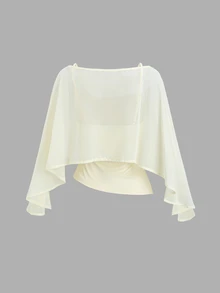 Sweetra Petite One-Shoulder Boat Neck Flowy Chiffon Cape Outerwear Petite Two Pieces Set, Elastic Ruched Waist Cami Inner Layer, Office Commute Casual Date Elegant Beige Outfit - Yellow - View 2