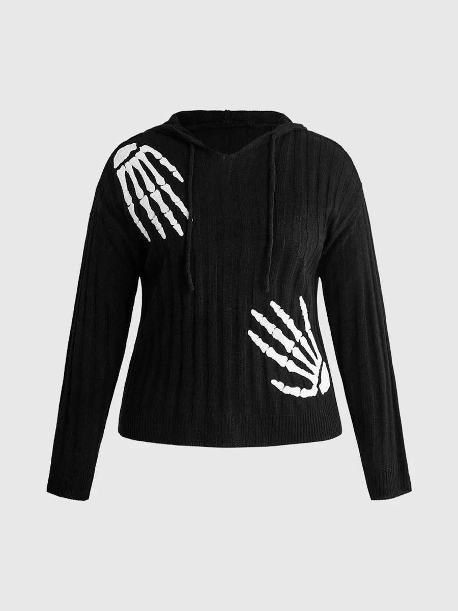 ROMWE Dark Gothic Skull Hand Pattern Embroidered Versatile Casual Plus Size Loose Hoodie Pullover Sweater - Black - View 1