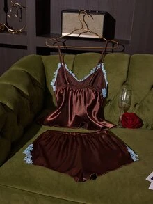 SilkySpell Set Piyama Wanita Seksi Sutra 2 Potong, Baju Tidur Renda Bordir Warna Kontras, Set Piyama Satin Halus - Coffee Brown - View 2