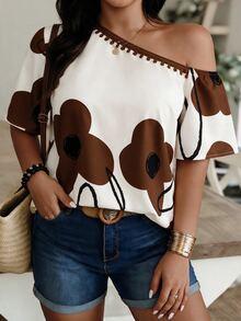 Louniche Off-Shoulder Floral Print Top, Beige & Navy Color Block Casual Blouse For Daily & Vacation - Multicolor - View 3