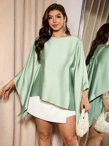 Elaquor Plus Size Women's Solid Color Round Neck Batwing Sleeve Elegant Blouse - Green - View 5