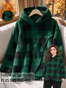 Rusticease Plus Size Women's Plaid Long Sleeve Fleece Hooded Sweatshirt Christmas - Multicolor - View 1
