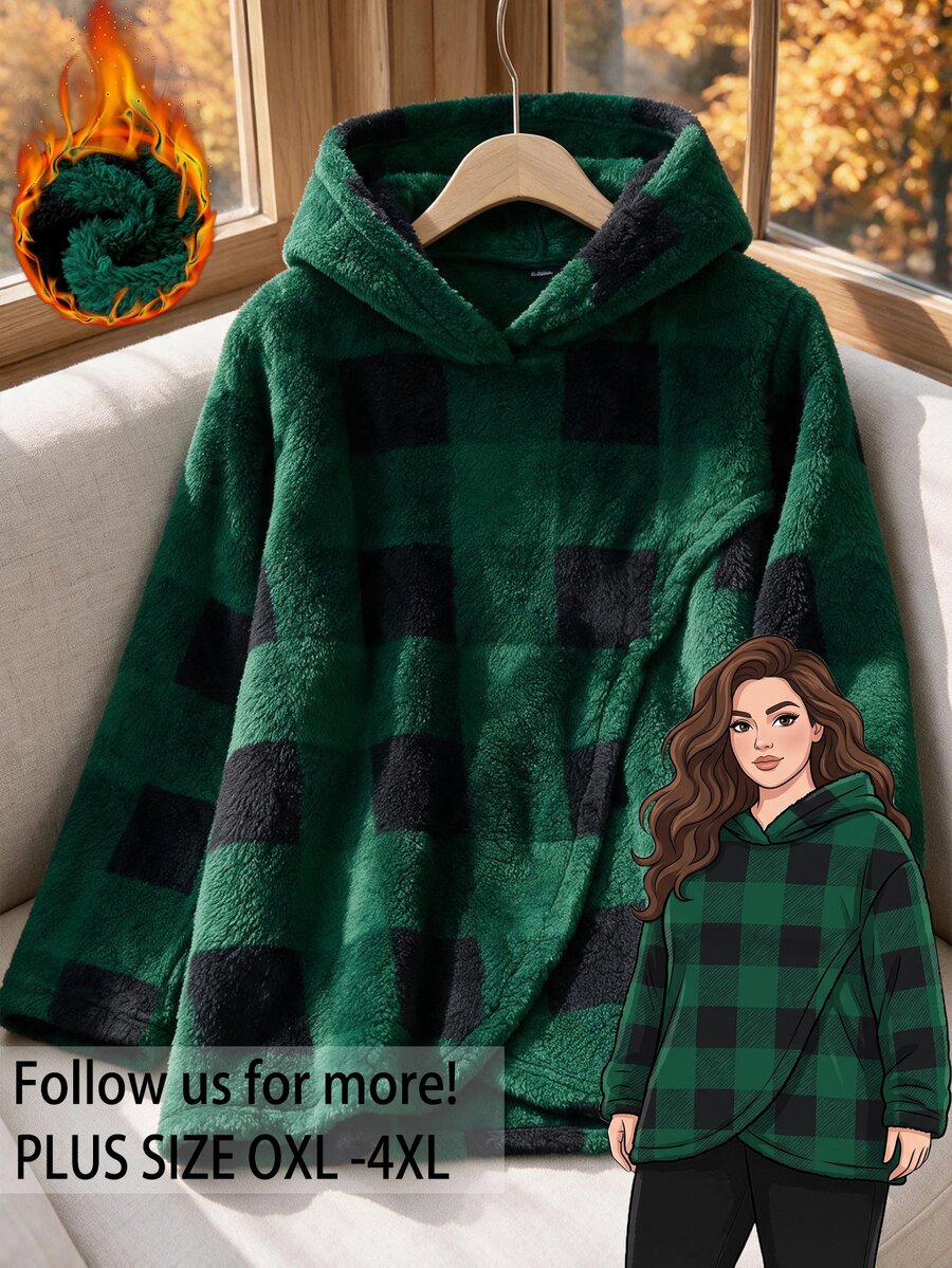 Rusticease Plus Size Women's Plaid Long Sleeve Fleece Hooded Sweatshirt Christmas - Multicolor - View 1
