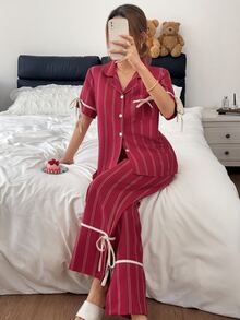 Napfluff 條紋印花休閒居家服撞色翻領短袖女款睡衣長褲套裝 - 酒紅色 - 查看 4