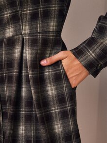 Écloséra Autumn/Winter Vintage Plaid Long Sleeve Pleated Hem Shirt Dress - Brown - View 2